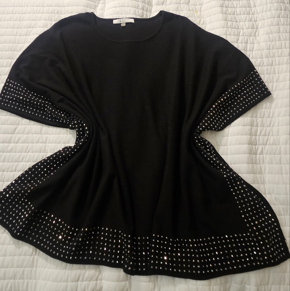 Sioni Black Knit Poncho with Silver Details Size S/M